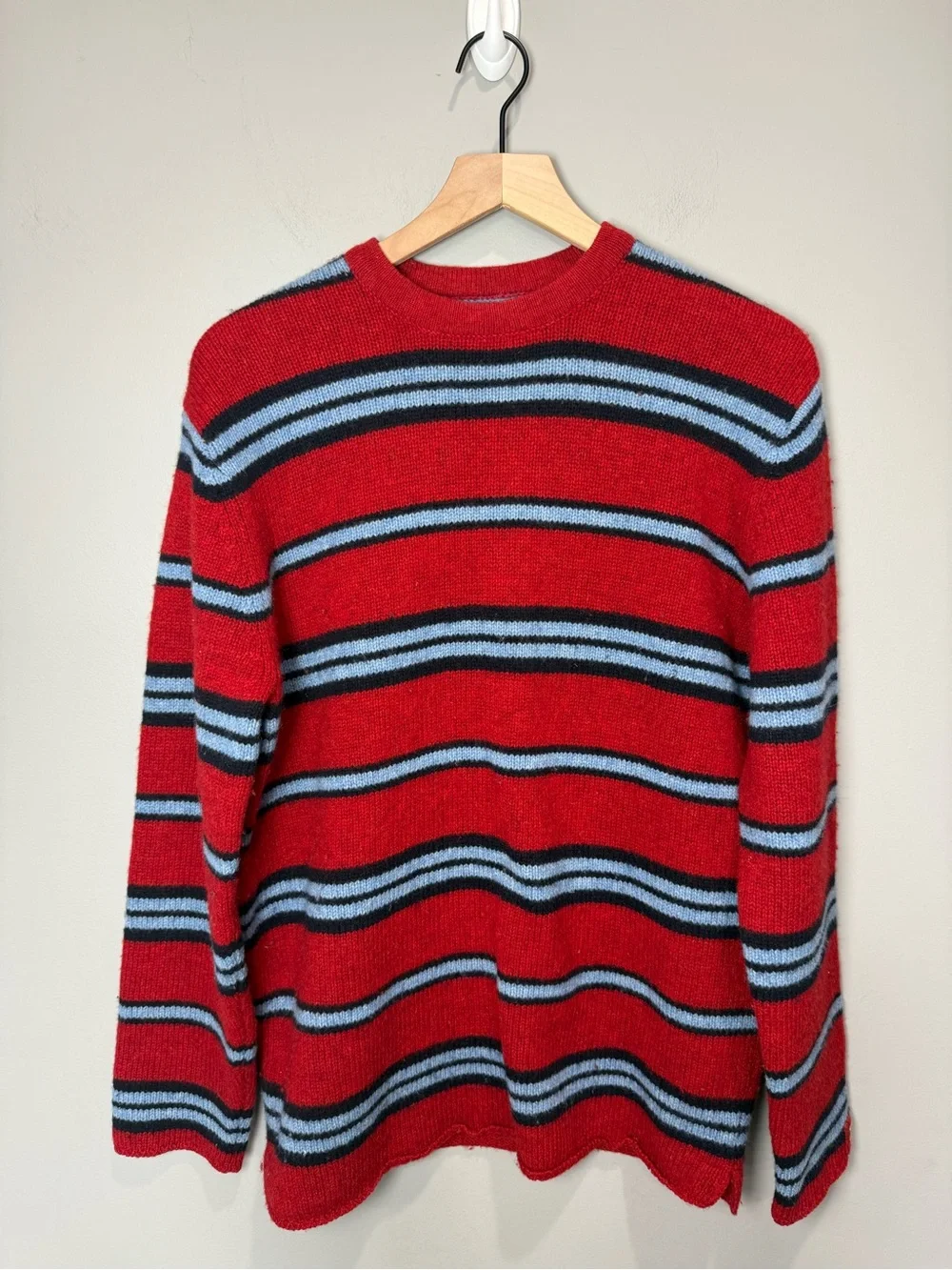 Abercrombie Y2K‎ 100% Shetland Wool Striped Sweater XL Red Blue Logo Patch
